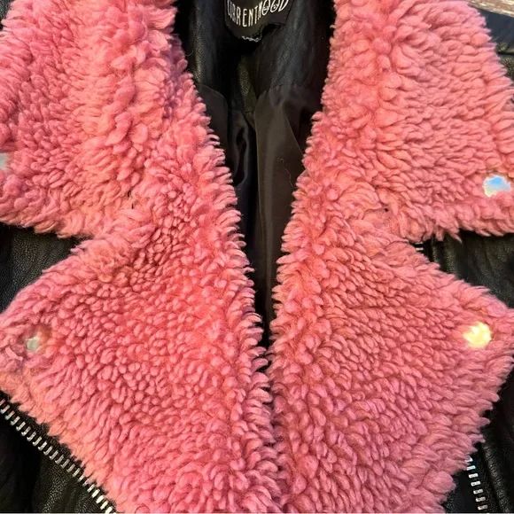 NWOT CURRENT MOOD BLACK BORGE MOTO FAUX LEATHER JACKET W. PINK FAUX FUR, XXS - Picture 7 of 7
